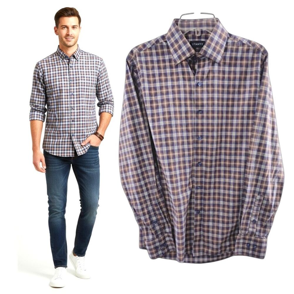 Stantt Classic Button Up Shirt Men's Sz M Blue Plaid Long Sleeve Organic Cotton